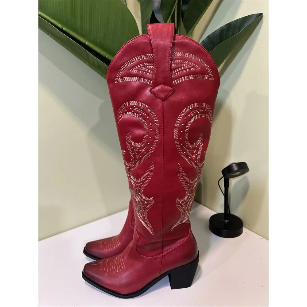 Wetkiss Cowboy Cowgirl Embroidery Western Knee High Boots Size 8.5 Gorgeous NWOB